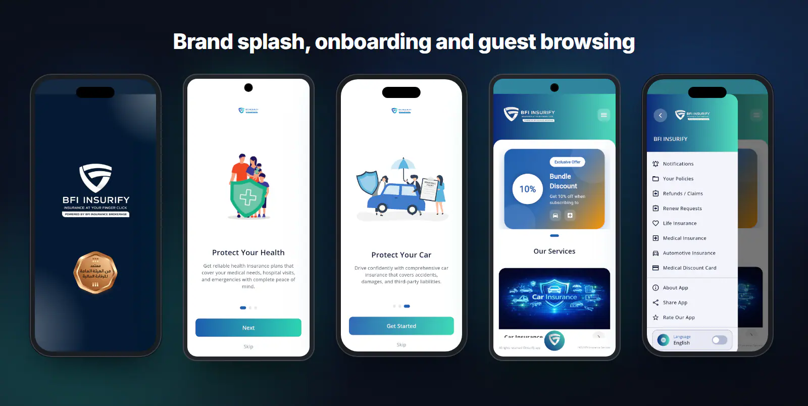 Splash, onboarding, home and drawer