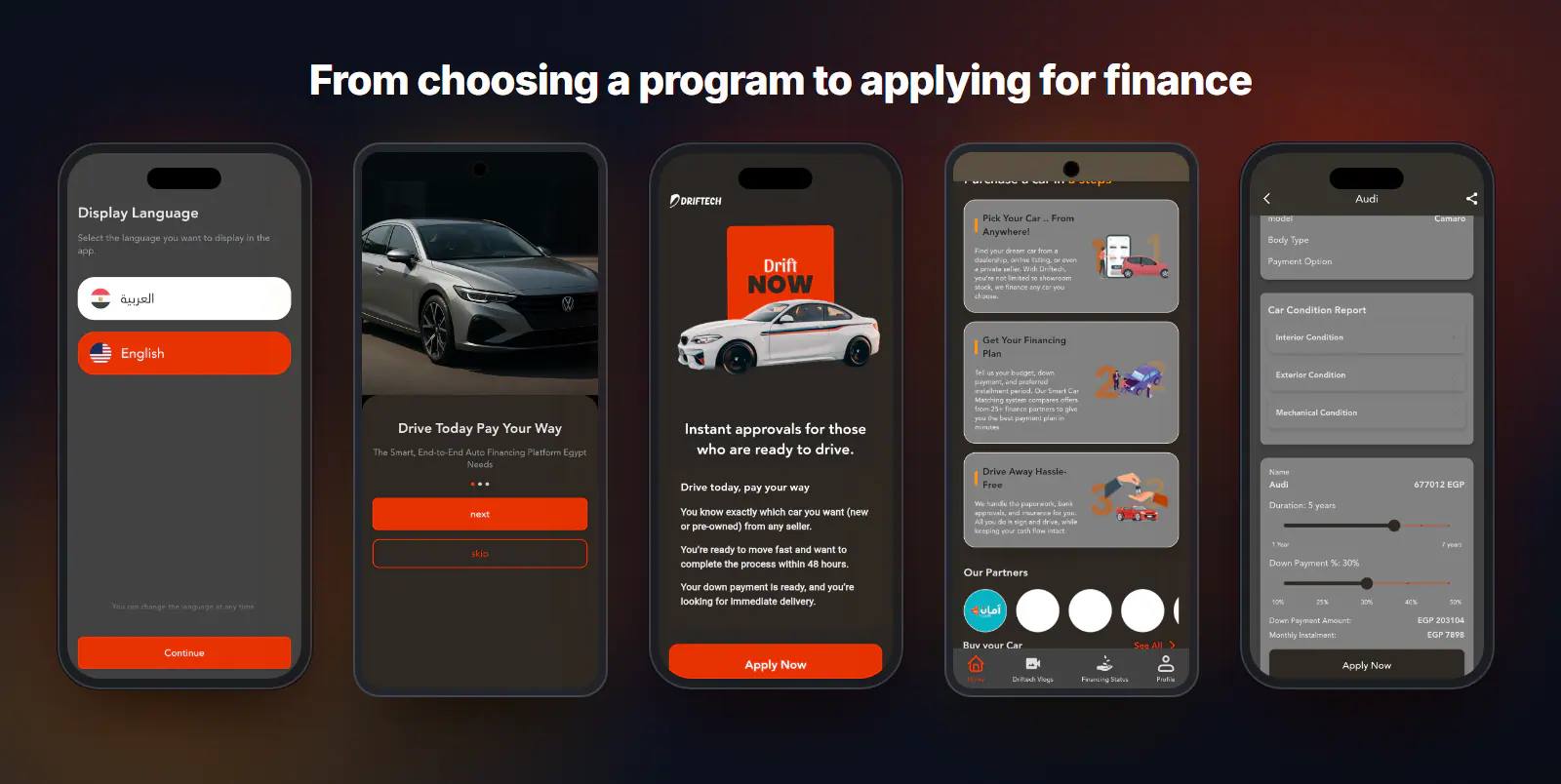Language, onboarding, Drift NOW program, 3-step journey, car details