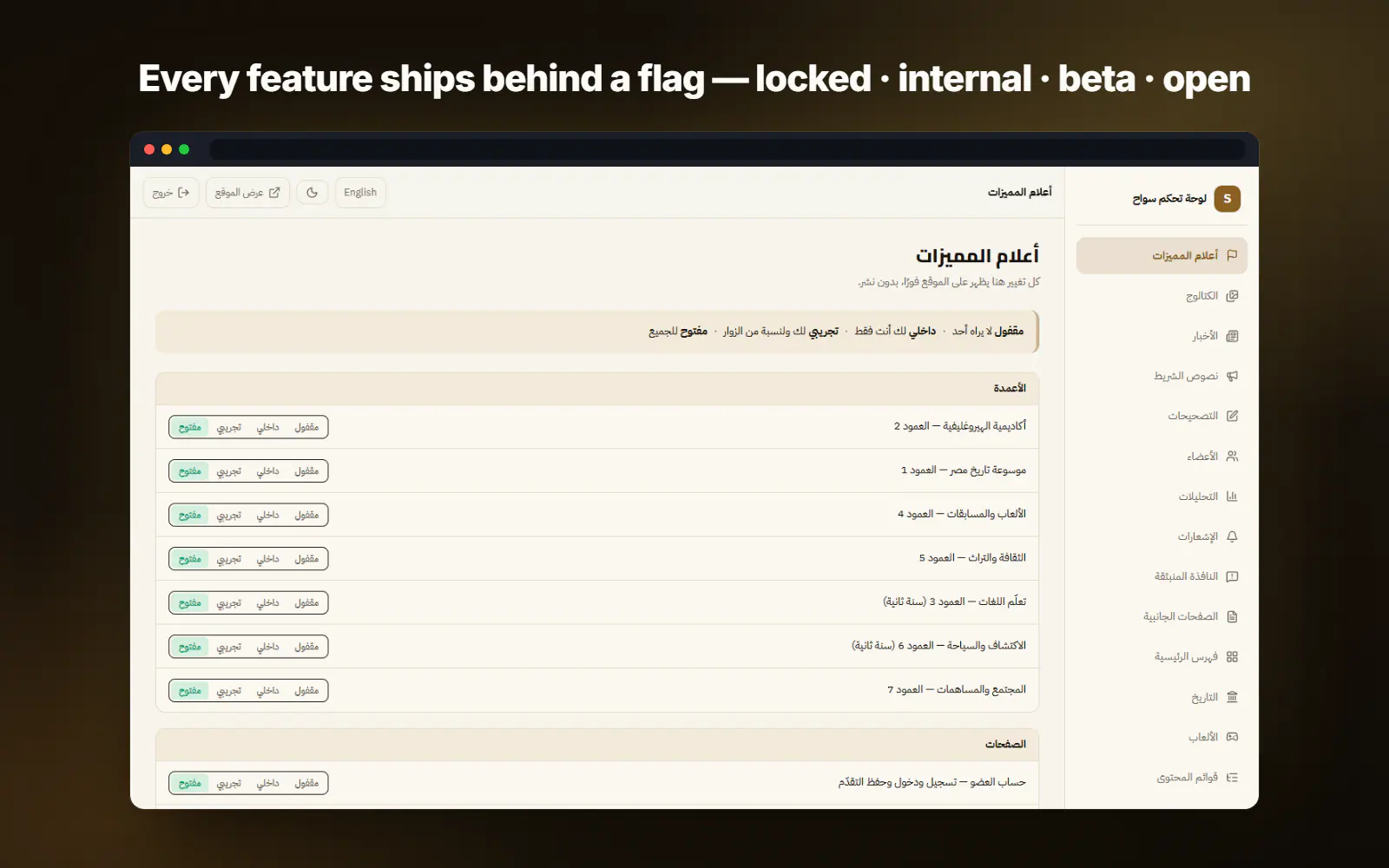 The admin feature-flag panel