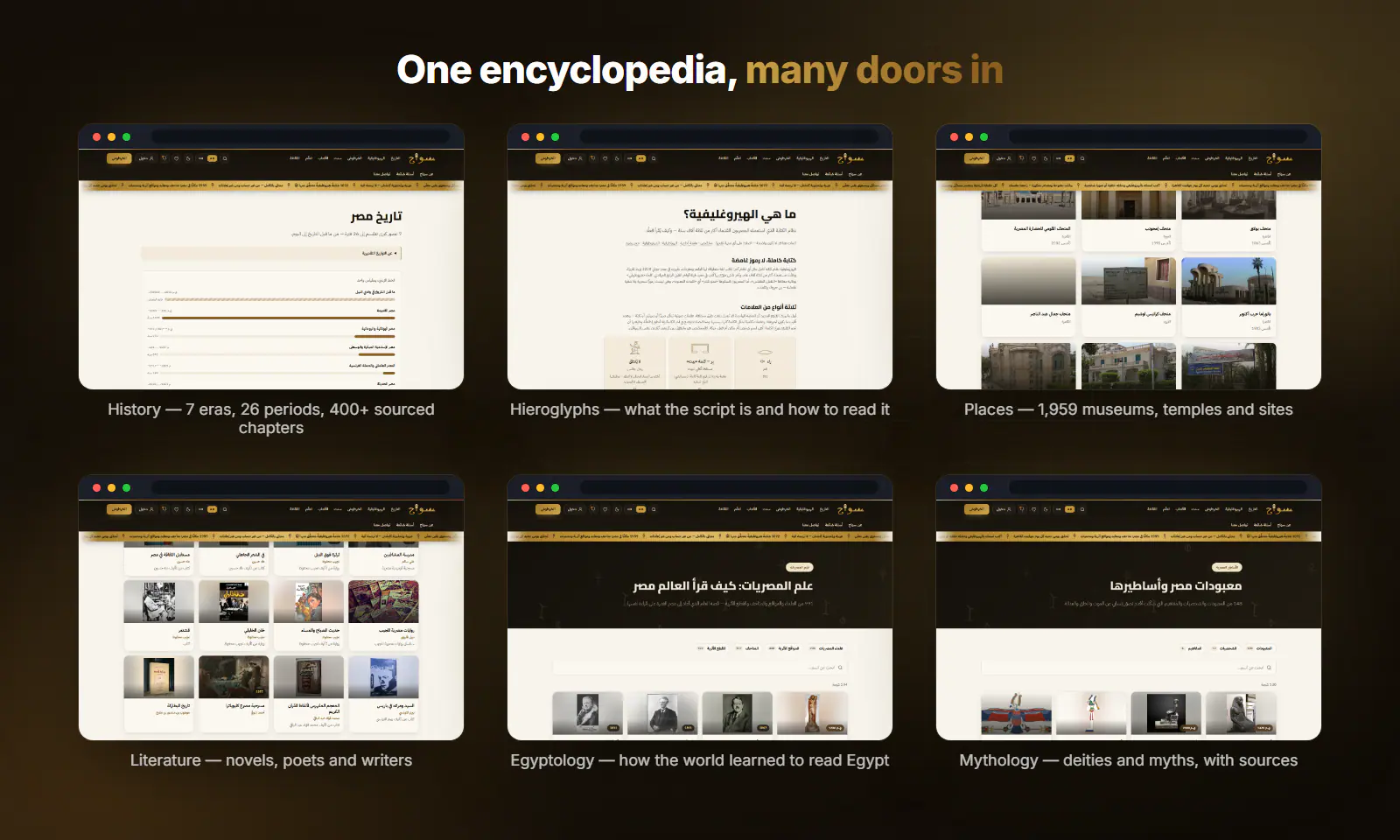 History, hieroglyphs, places, literature, Egyptology and mythology pages
